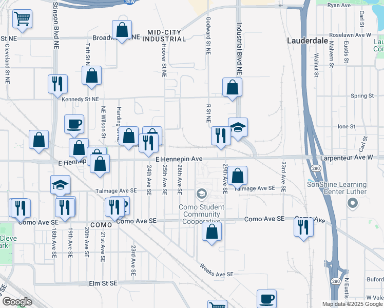 map of restaurants, bars, coffee shops, grocery stores, and more near 332 Delano Street Northeast in Minneapolis