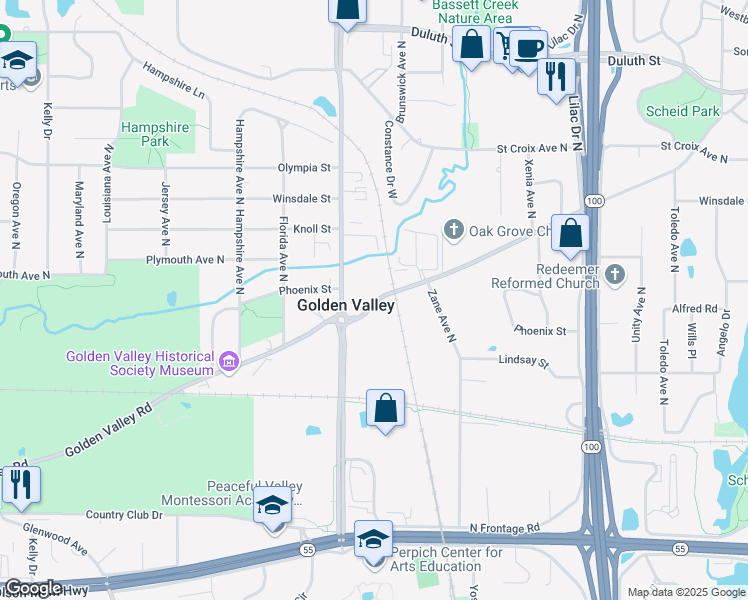 map of restaurants, bars, coffee shops, grocery stores, and more near 6201 Golden Valley Road in Golden Valley