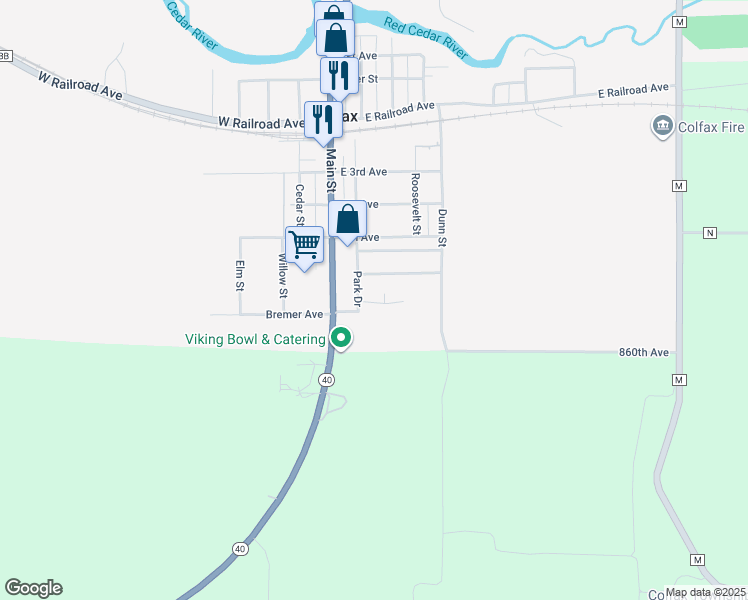 map of restaurants, bars, coffee shops, grocery stores, and more near 504 Big Bluestem Lane in Colfax