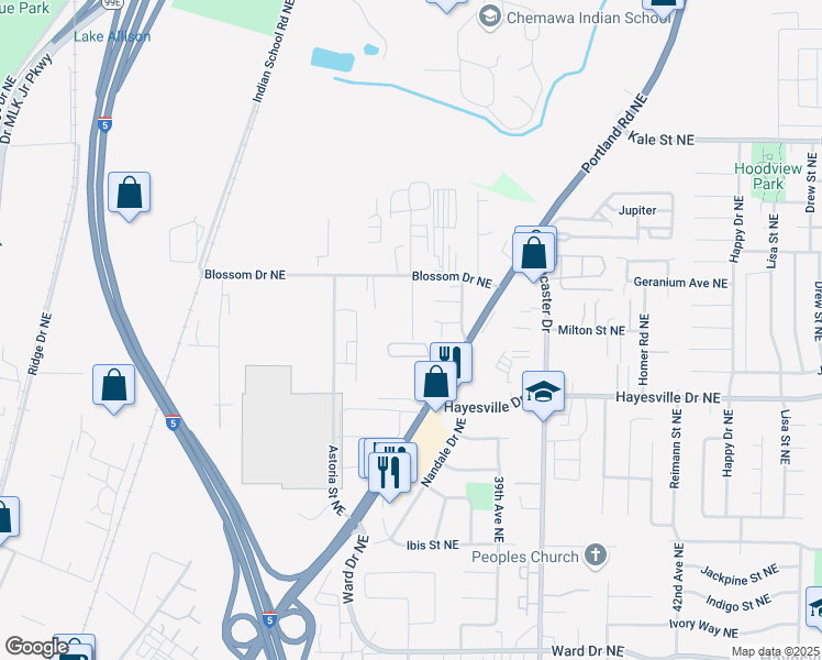 map of restaurants, bars, coffee shops, grocery stores, and more near 4753 Lilac Lane Northeast in Salem