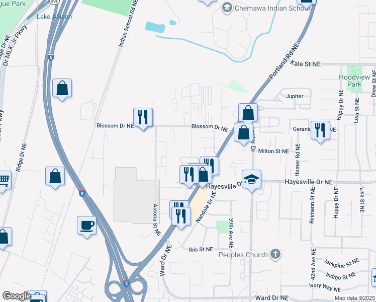 map of restaurants, bars, coffee shops, grocery stores, and more near 4772 Lilac Lane Northeast in Salem