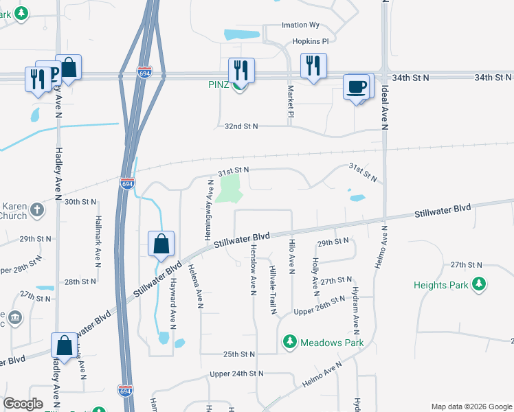 map of restaurants, bars, coffee shops, grocery stores, and more near 7507 31st Street Place in Oakdale