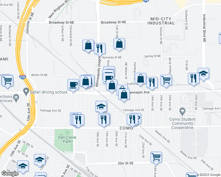 map of restaurants, bars, coffee shops, grocery stores, and more near 1901 Traffic Street Northeast in Minneapolis