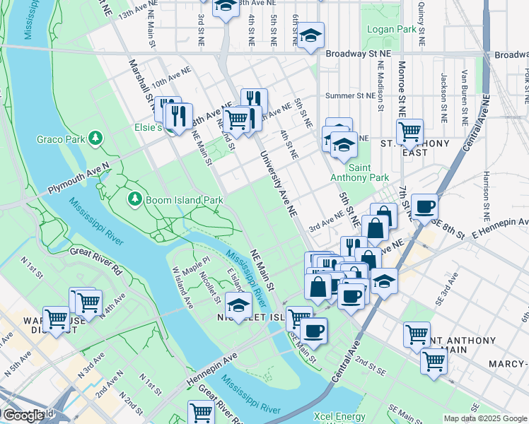 map of restaurants, bars, coffee shops, grocery stores, and more near 419 Northeast 2nd Street in Minneapolis