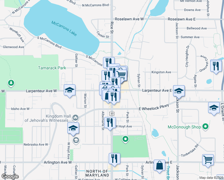 map of restaurants, bars, coffee shops, grocery stores, and more near Rice St & Larpenteur Ave W in St Paul