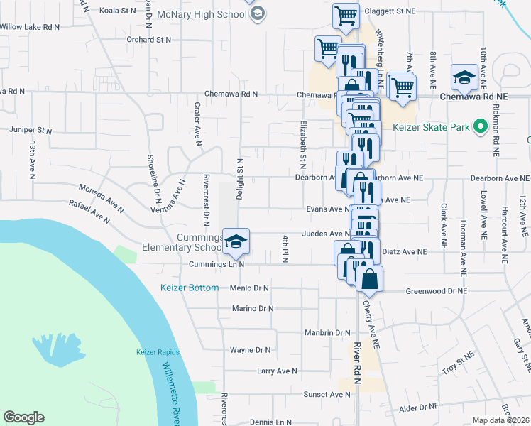 map of restaurants, bars, coffee shops, grocery stores, and more near 506 Evans Avenue North in Keizer