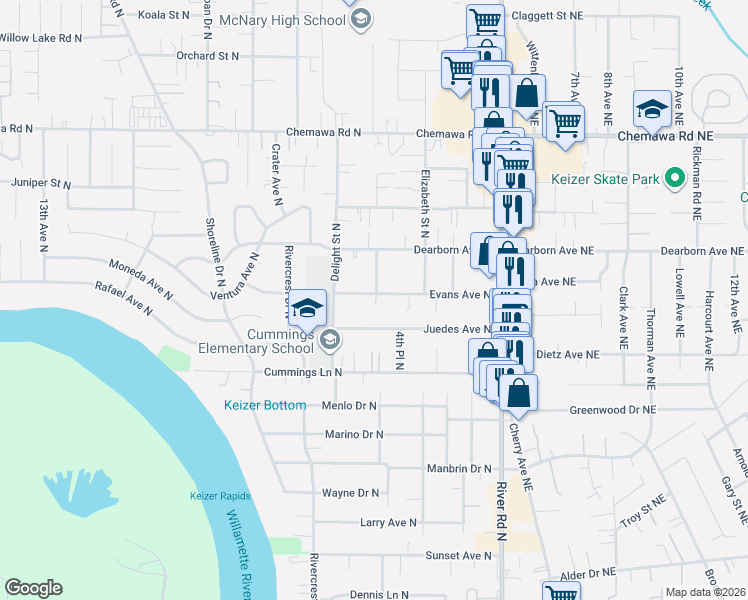 map of restaurants, bars, coffee shops, grocery stores, and more near 506 Evans Avenue North in Keizer