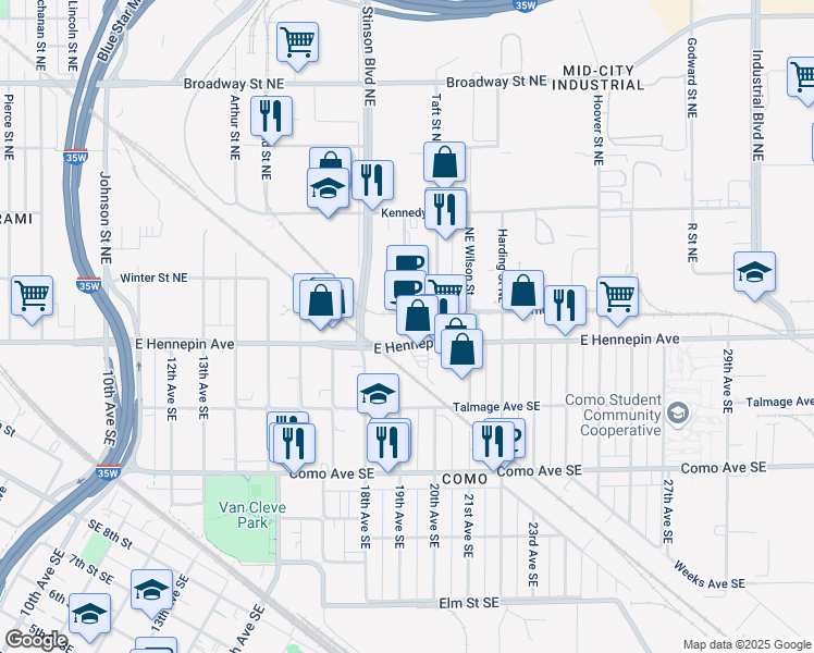map of restaurants, bars, coffee shops, grocery stores, and more near 1901 Traffic Street Northeast in Minneapolis