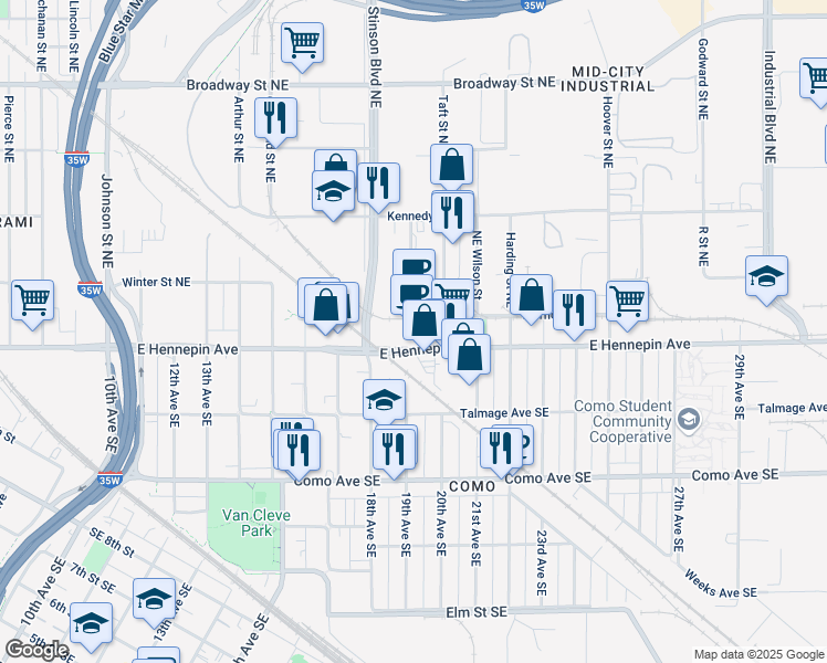 map of restaurants, bars, coffee shops, grocery stores, and more near 1901 East Hennepin Avenue in Minneapolis