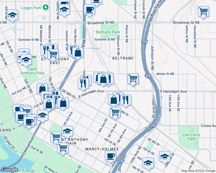 map of restaurants, bars, coffee shops, grocery stores, and more near 315 Polk Street Northeast in Minneapolis