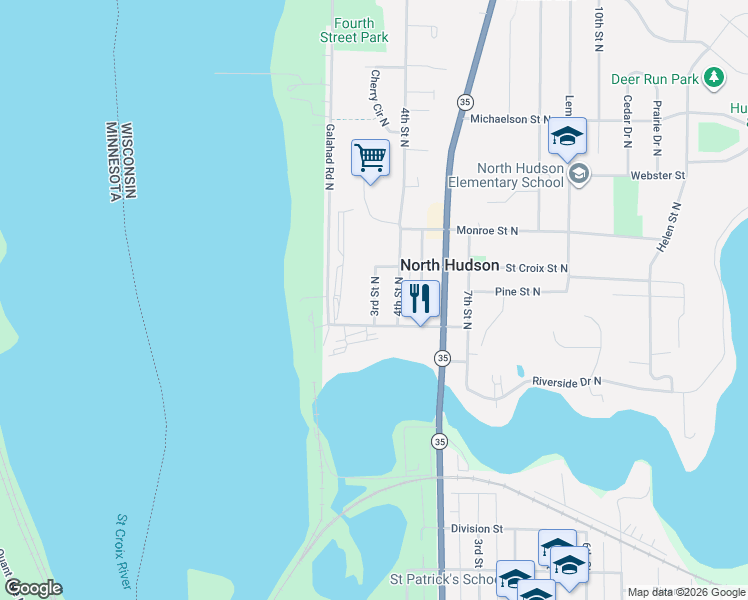 map of restaurants, bars, coffee shops, grocery stores, and more near 330 3rd Street North in Hudson