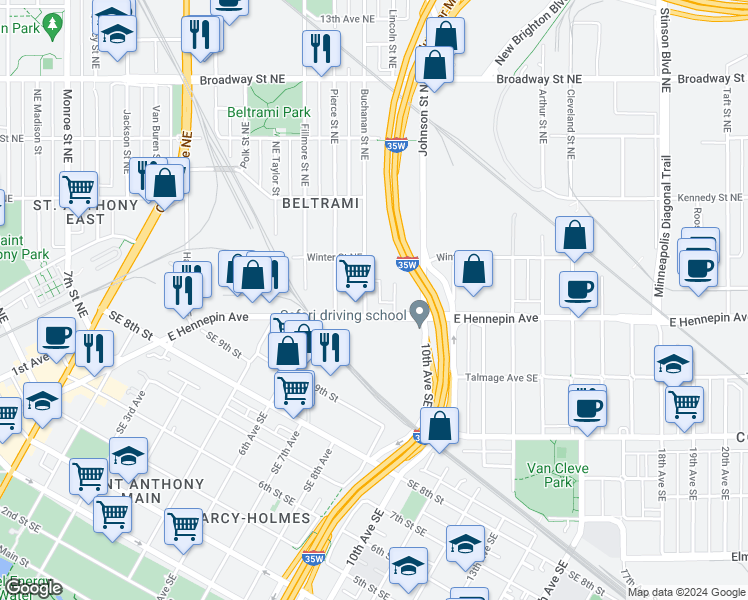 map of restaurants, bars, coffee shops, grocery stores, and more near 342 Buchanan Street Northeast in Minneapolis