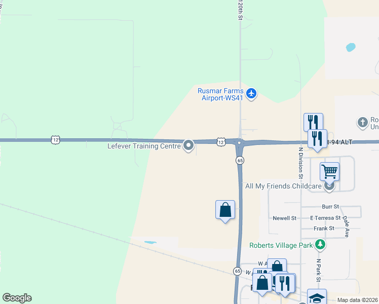 map of restaurants, bars, coffee shops, grocery stores, and more near 1177 U.S. 12 in Roberts