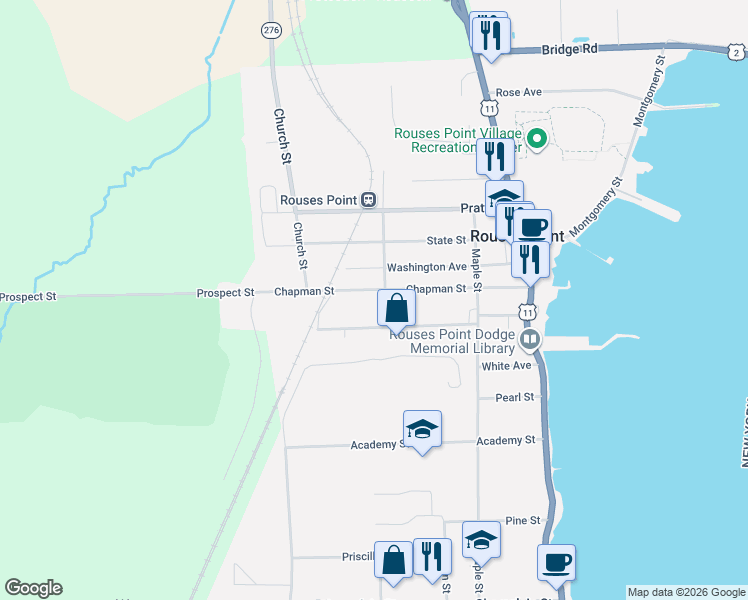 map of restaurants, bars, coffee shops, grocery stores, and more near 56 Chapman Street in Rouses Point