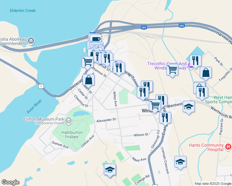 map of restaurants, bars, coffee shops, grocery stores, and more near 179 Wiley Avenue in Windsor