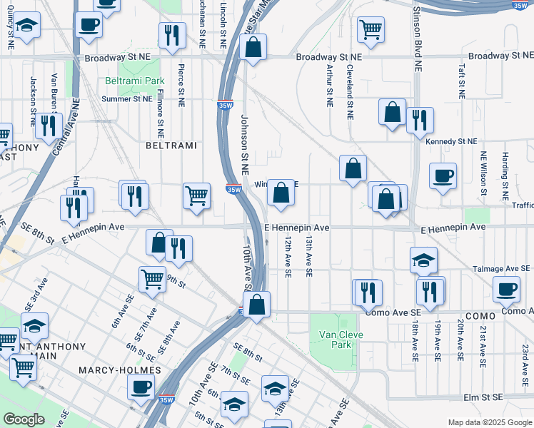 map of restaurants, bars, coffee shops, grocery stores, and more near Ulysses Street Northeast in Minneapolis