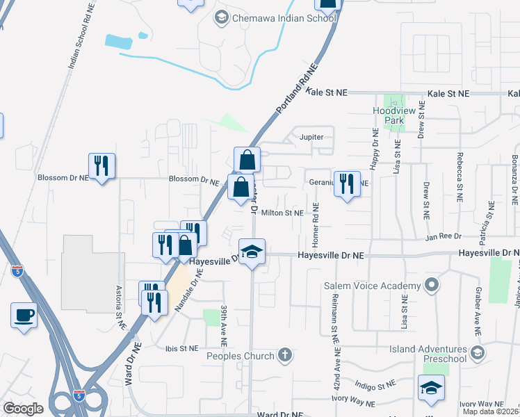 map of restaurants, bars, coffee shops, grocery stores, and more near 4762 Lancaster Drive in Salem