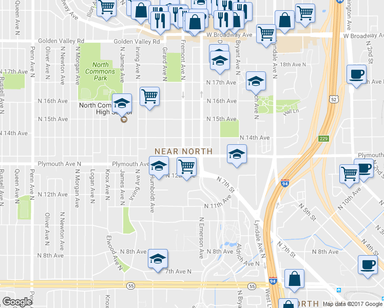 map of restaurants, bars, coffee shops, grocery stores, and more near 1314 North Fremont Avenue in Minneapolis