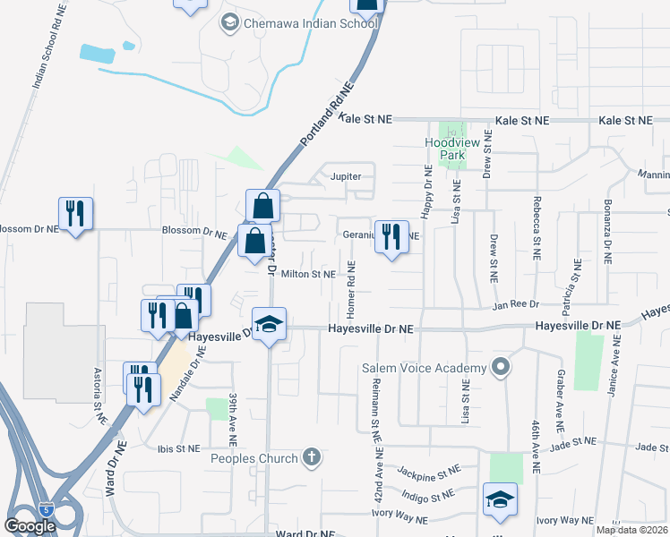 map of restaurants, bars, coffee shops, grocery stores, and more near 4781 Joanie Rose Lane Northeast in Salem