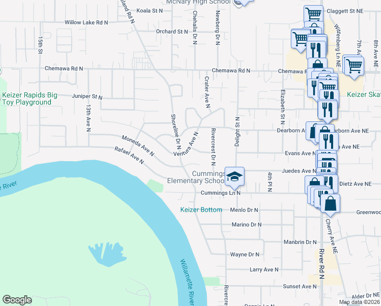 map of restaurants, bars, coffee shops, grocery stores, and more near 820 Ventura Avenue North in Keizer