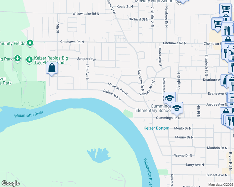map of restaurants, bars, coffee shops, grocery stores, and more near 1036 Moneda Avenue North in Keizer