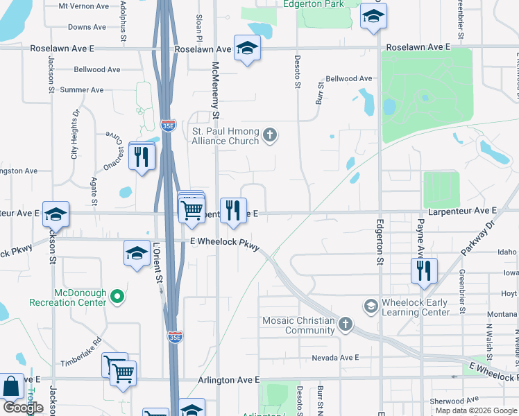 map of restaurants, bars, coffee shops, grocery stores, and more near 1695 Arkwright Street North in Saint Paul