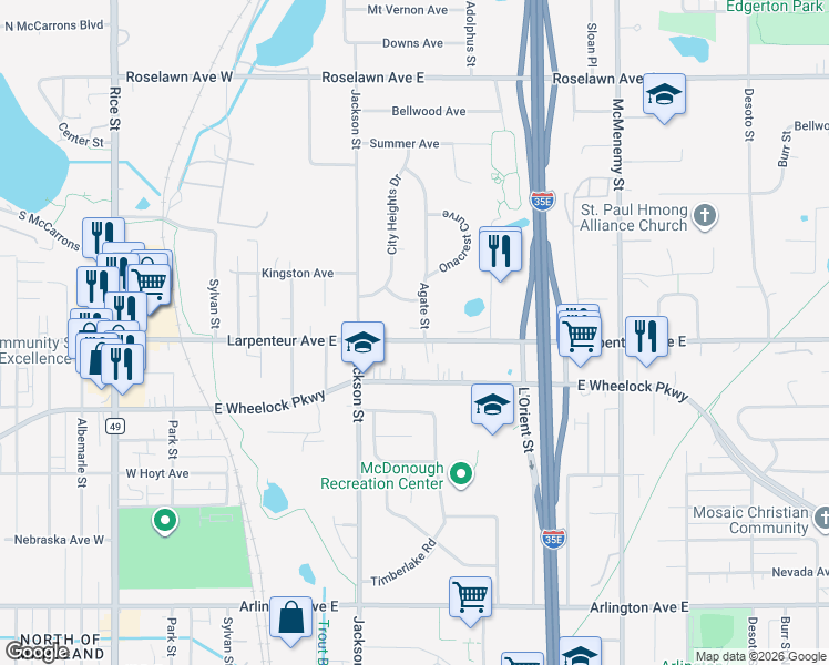 map of restaurants, bars, coffee shops, grocery stores, and more near 1699 Agate Street in Saint Paul
