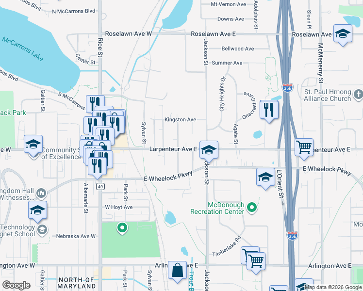 map of restaurants, bars, coffee shops, grocery stores, and more near 1706 Abell Street in Maplewood