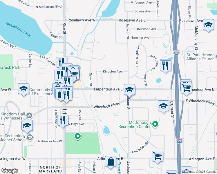map of restaurants, bars, coffee shops, grocery stores, and more near 1706 Abell Street in Maplewood