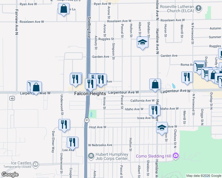 map of restaurants, bars, coffee shops, grocery stores, and more near 1506 Crawford Avenue in Falcon Heights