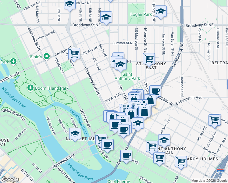 map of restaurants, bars, coffee shops, grocery stores, and more near 318 5th Street Northeast in Minneapolis
