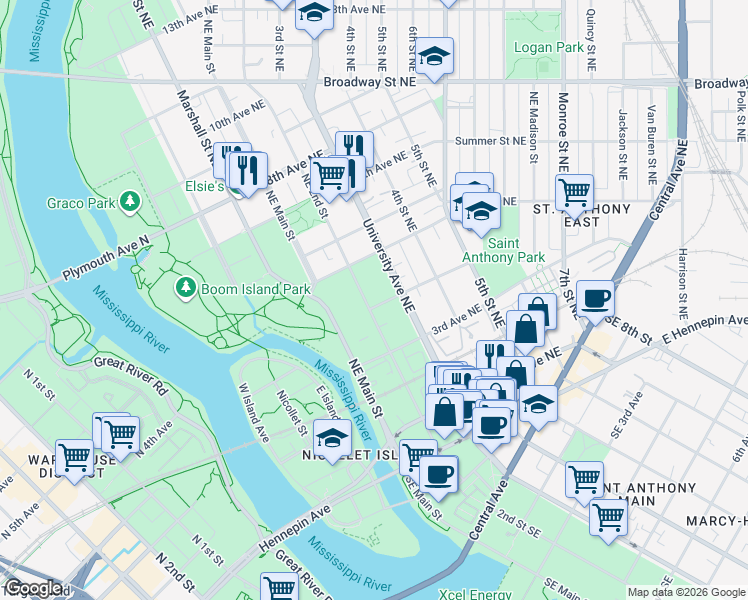map of restaurants, bars, coffee shops, grocery stores, and more near 419 Northeast 2nd Street in Minneapolis