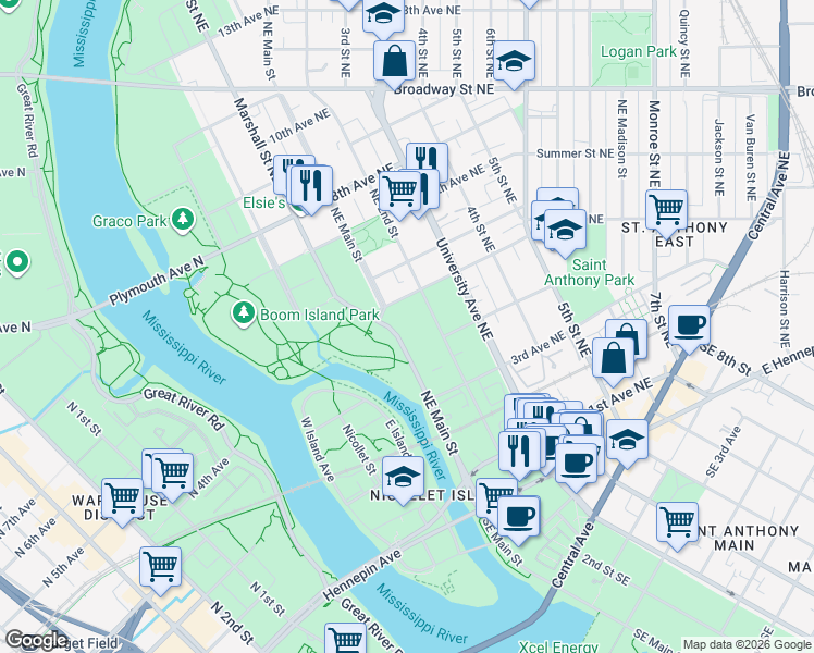 map of restaurants, bars, coffee shops, grocery stores, and more near 138 5th Avenue Northeast in Minneapolis