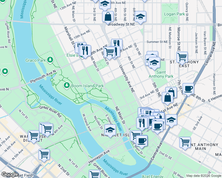 map of restaurants, bars, coffee shops, grocery stores, and more near 138 5th Avenue Northeast in Minneapolis