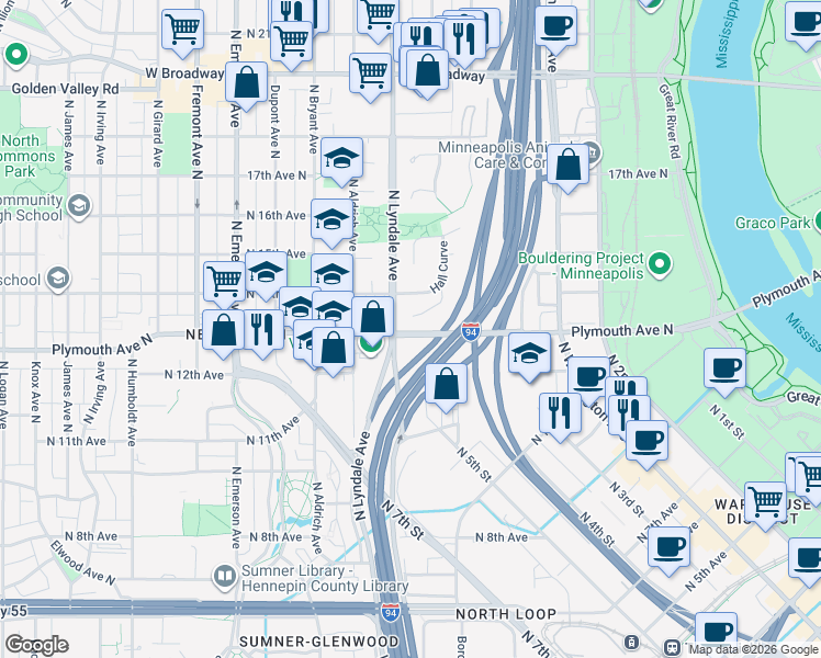 map of restaurants, bars, coffee shops, grocery stores, and more near 634 Harry Davis Lane in Minneapolis