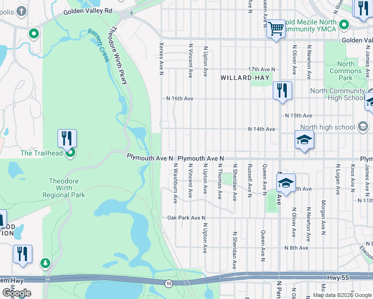 map of restaurants, bars, coffee shops, grocery stores, and more near 1331 North Vincent Avenue in Minneapolis