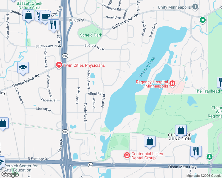 map of restaurants, bars, coffee shops, grocery stores, and more near 1320 Spring Valley Road in Minneapolis