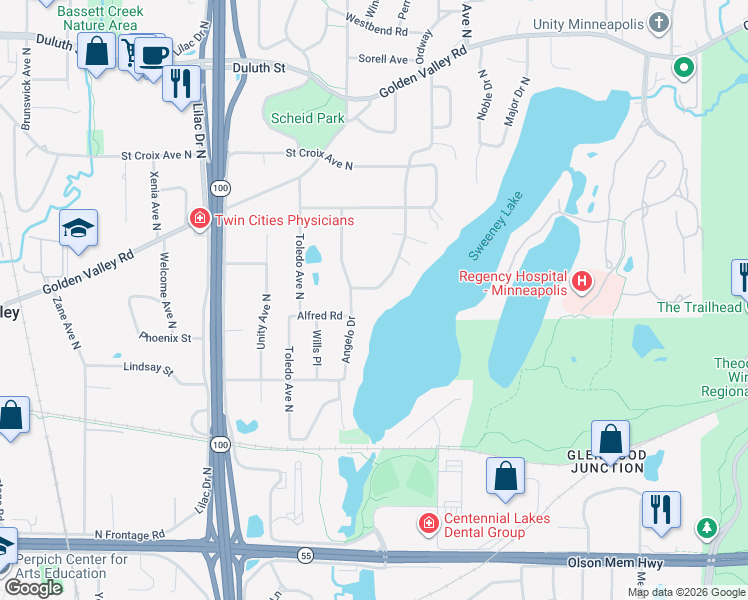 map of restaurants, bars, coffee shops, grocery stores, and more near 1320 Spring Valley Road in Minneapolis