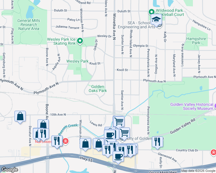 map of restaurants, bars, coffee shops, grocery stores, and more near 1223 Winnetka Avenue North in Minneapolis