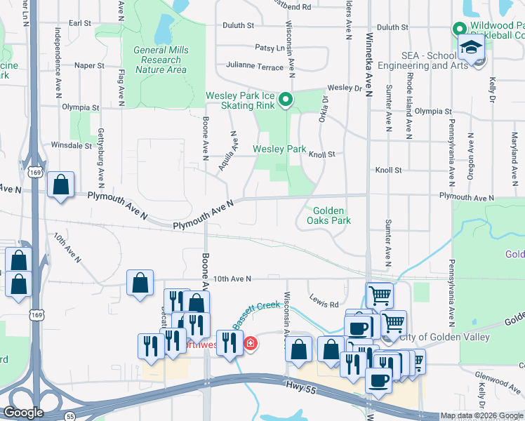 map of restaurants, bars, coffee shops, grocery stores, and more near 1298 Castle Court in Minneapolis