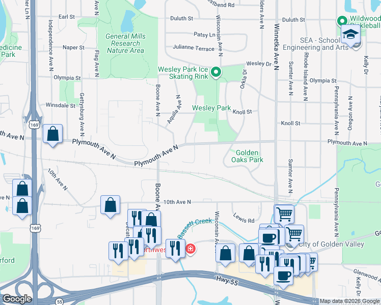 map of restaurants, bars, coffee shops, grocery stores, and more near 1298 Castle Court in Minneapolis