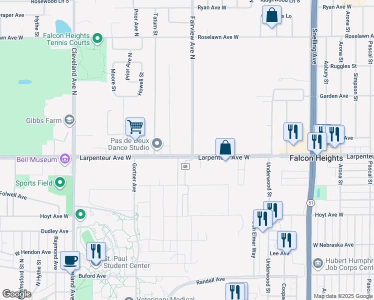 map of restaurants, bars, coffee shops, grocery stores, and more near 1845 Larpenteur Avenue West in Falcon Heights