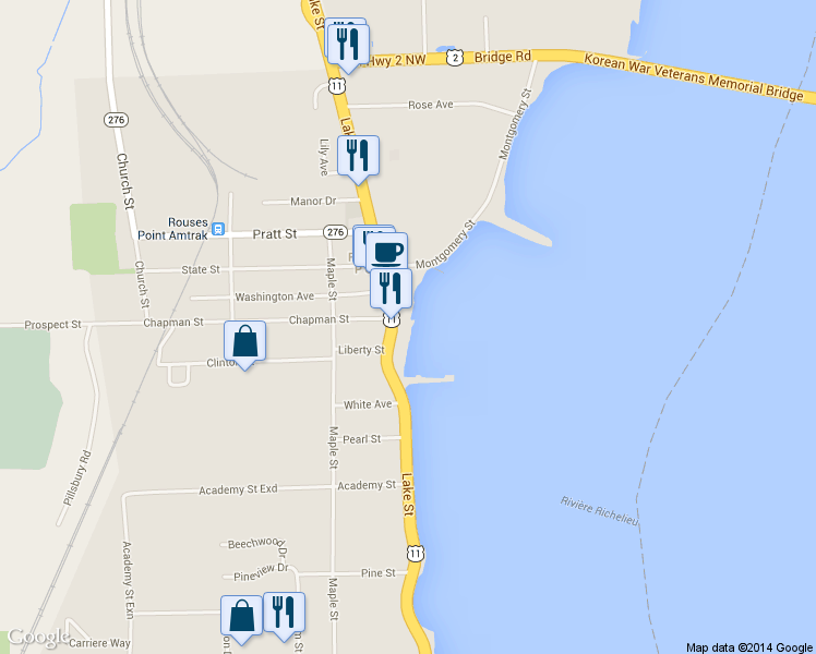 map of restaurants, bars, coffee shops, grocery stores, and more near 133 Lake St in Rouses Point