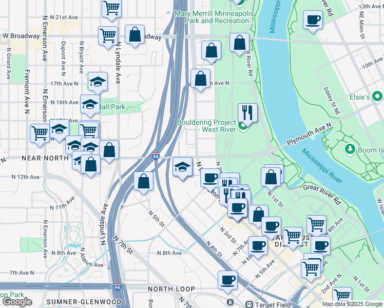 map of restaurants, bars, coffee shops, grocery stores, and more near 1303 North Washington Avenue in Minneapolis