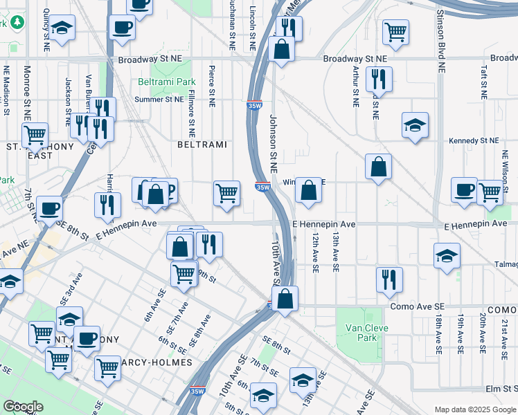 map of restaurants, bars, coffee shops, grocery stores, and more near 334 Lincoln Street Northeast in Minneapolis