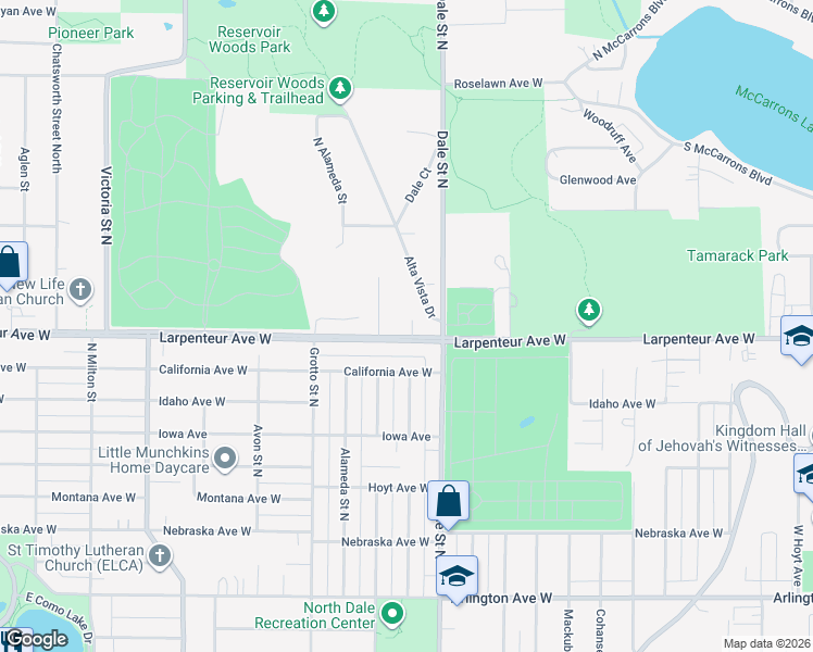 map of restaurants, bars, coffee shops, grocery stores, and more near 655 Larpenteur Avenue West in Roseville