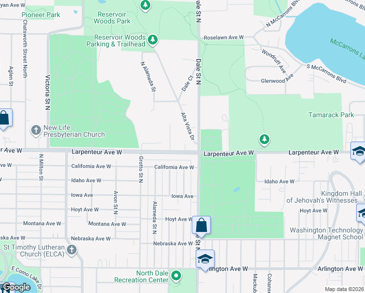 map of restaurants, bars, coffee shops, grocery stores, and more near 655 Larpenteur Avenue West in Roseville