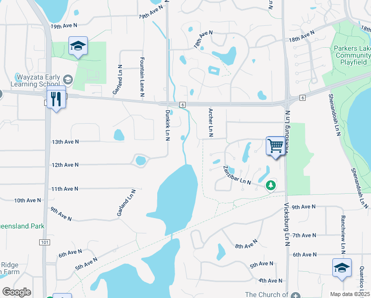 map of restaurants, bars, coffee shops, grocery stores, and more near 1299 Black Oaks Court North in Minneapolis