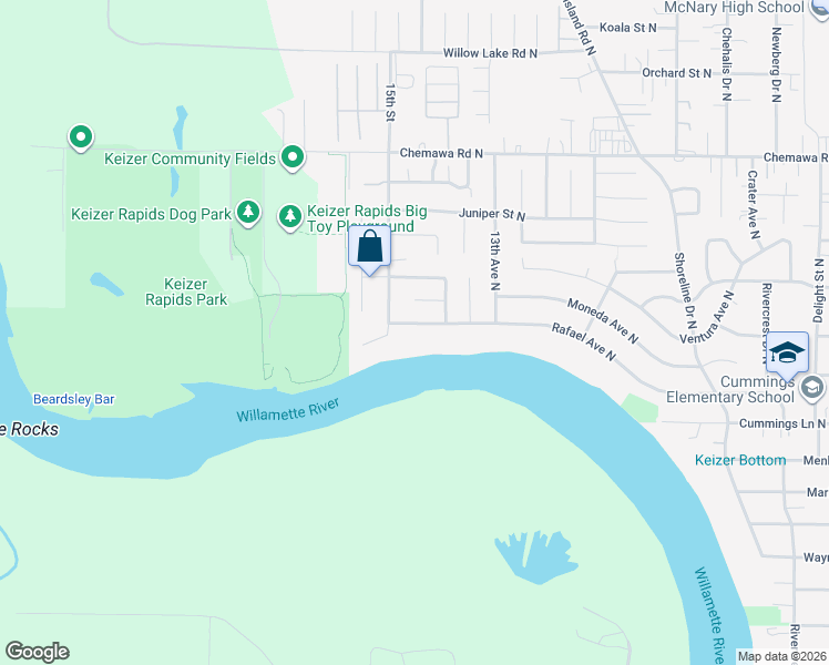 map of restaurants, bars, coffee shops, grocery stores, and more near 1443 Rafael Avenue North in Keizer