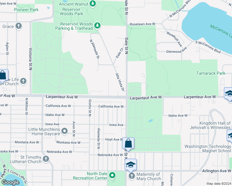 map of restaurants, bars, coffee shops, grocery stores, and more near 655 Larpenteur Avenue West in Roseville